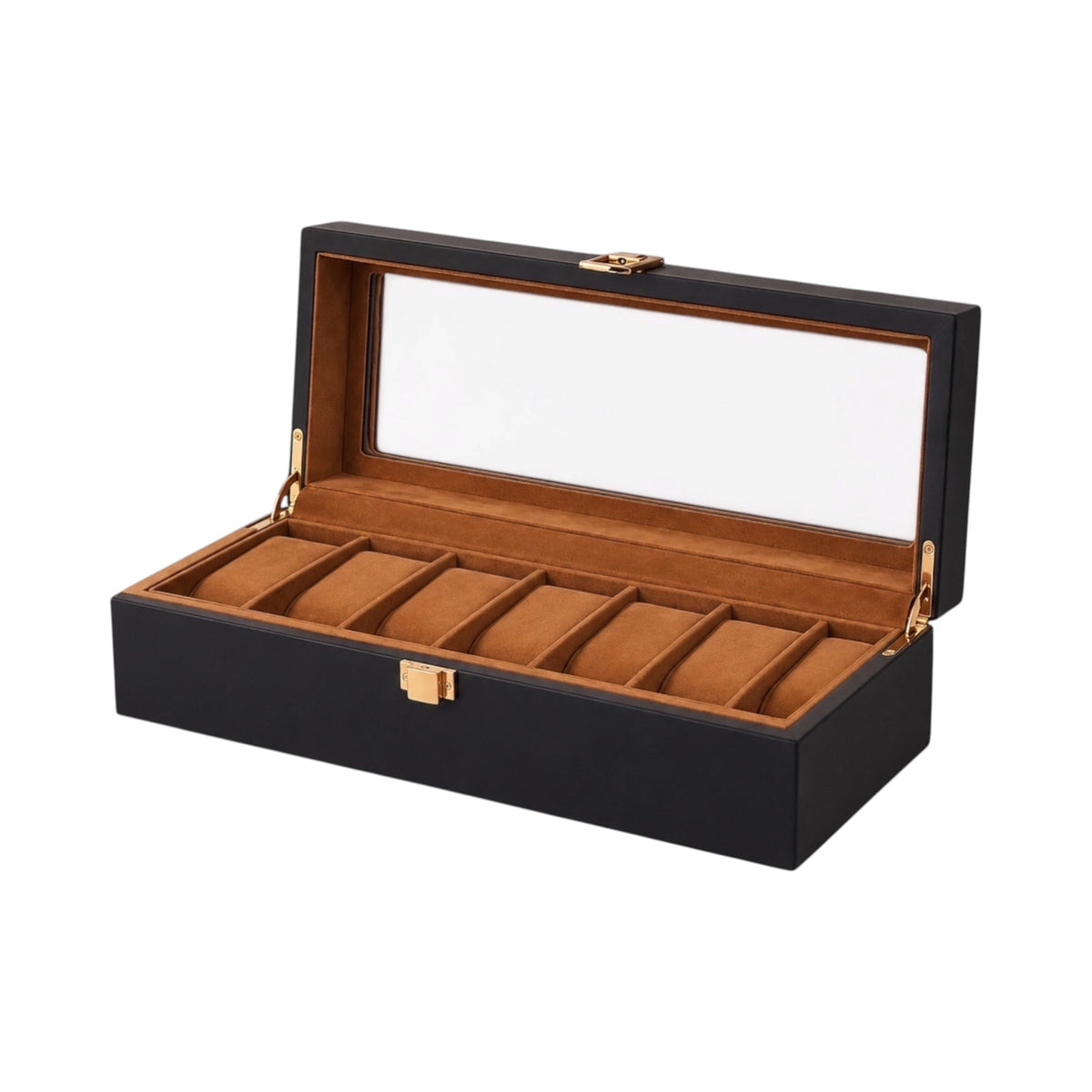 Boîte à montres Maison Orvian Vendôme en bois noir avec couvercle en verre et intérieur en daim pour 6 montres