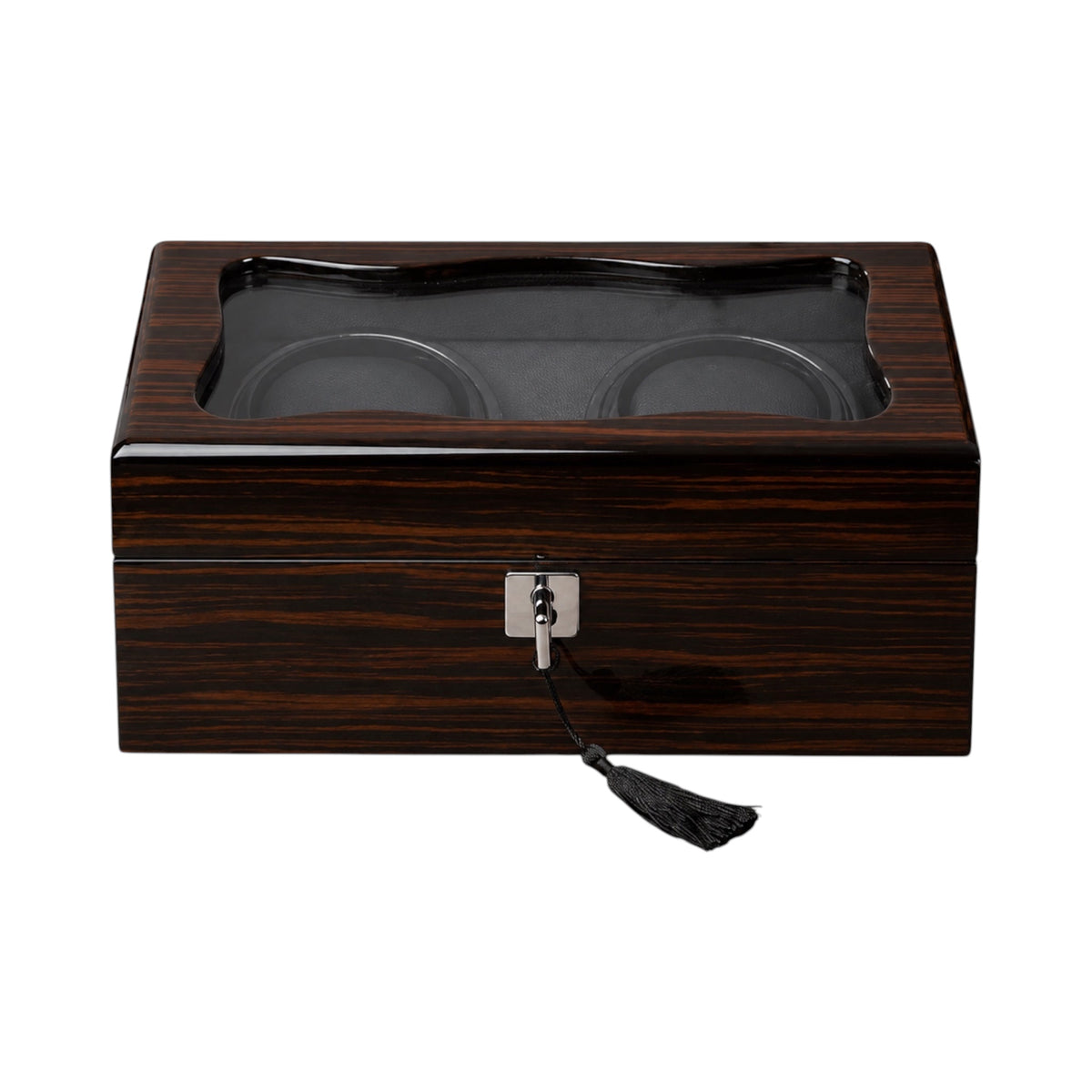 Boîte à montres Maison Orvian Opéra pour 2 montres en bois laqué noir avec couvercle vitré et serrure à clé