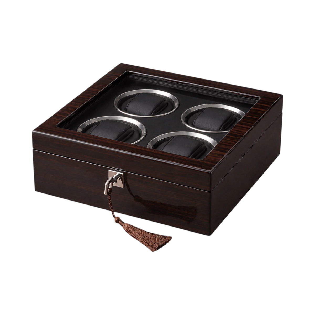 Boîte à montres Maison Orvian Opéra en bois laqué noir pour 4 montres avec couvercle vitré et intérieur en flanelle