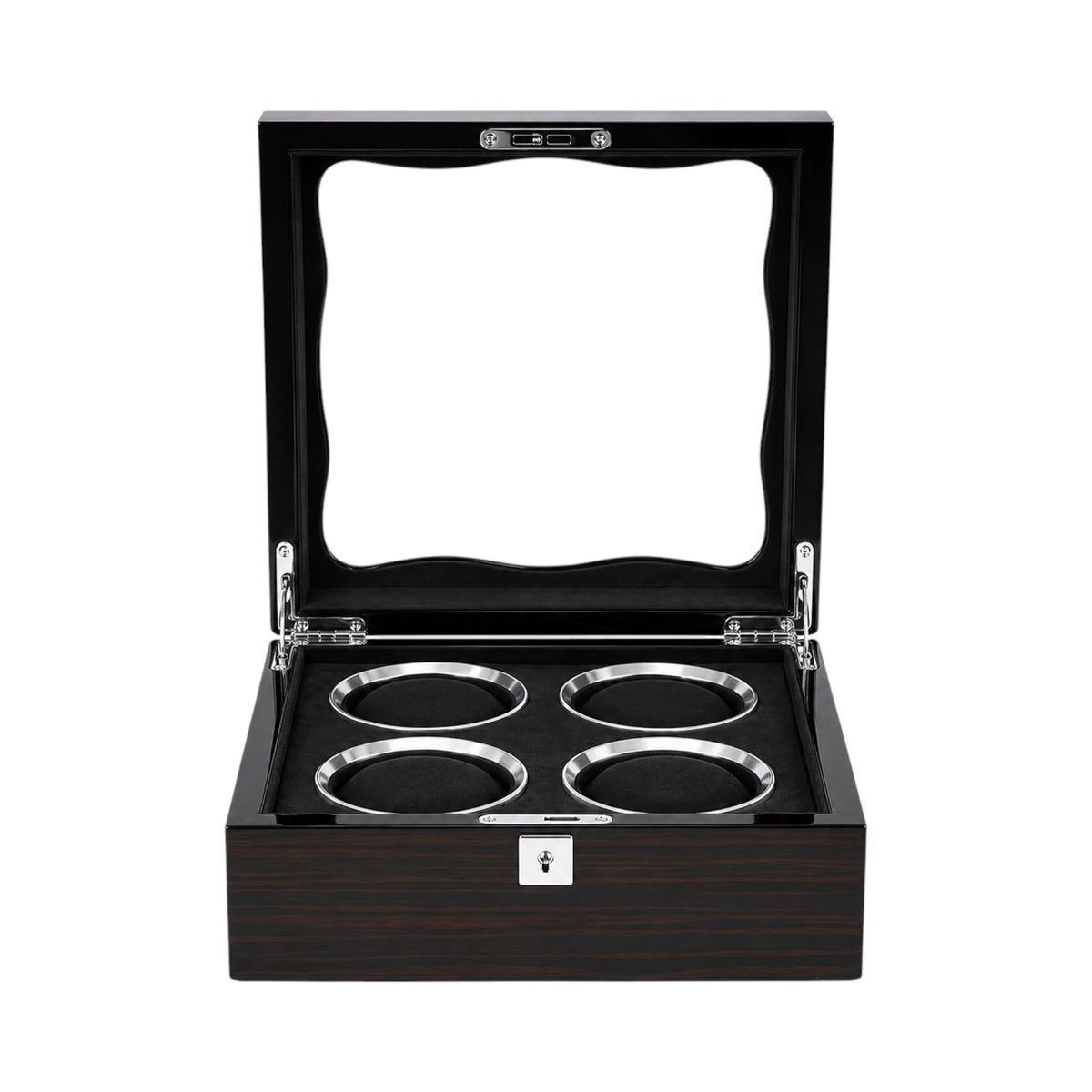 Boîte à montres Maison Orvian Opéra pour 4 montres en bois laqué noir avec couvercle vitré et intérieur en flanelle