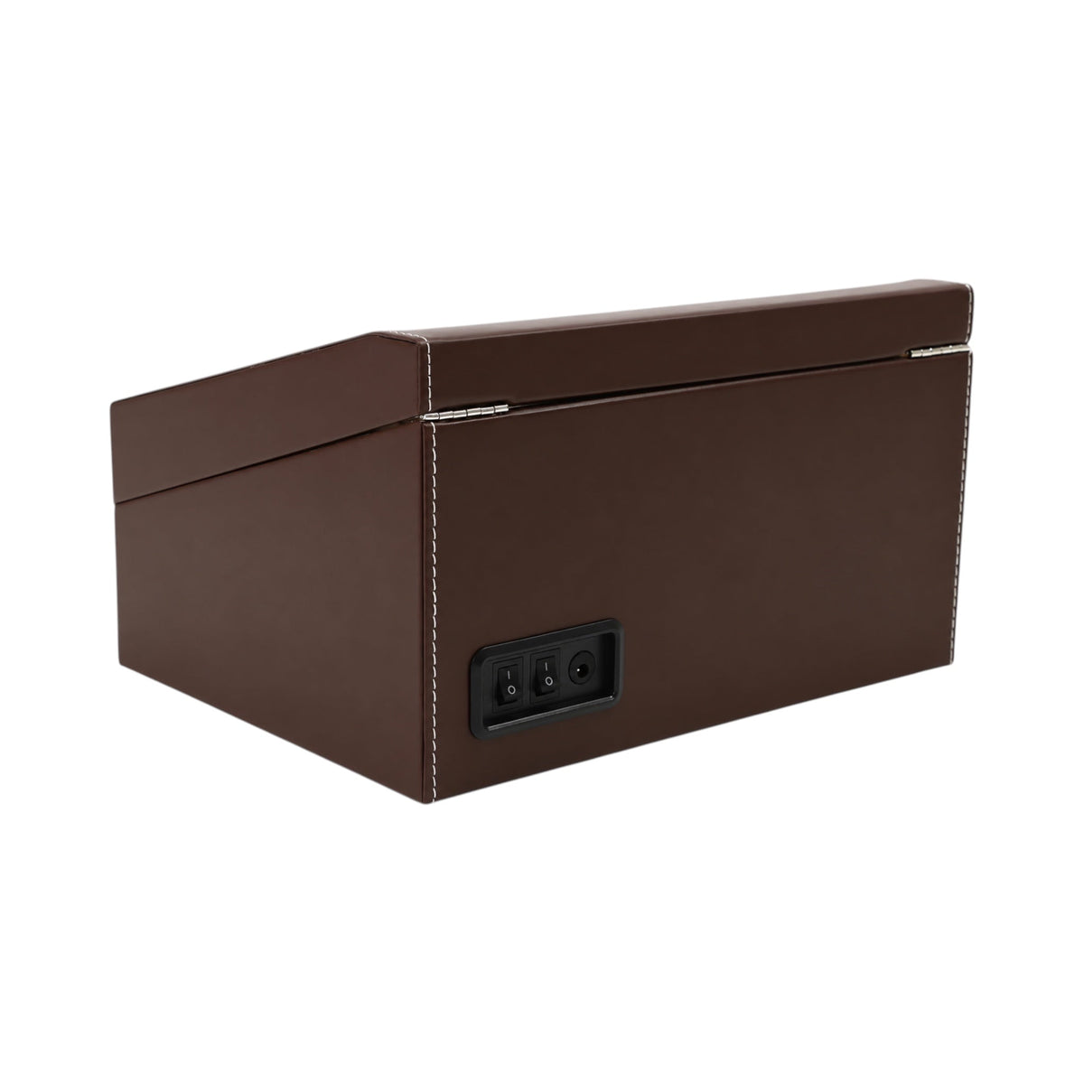 Vue arrière du coffret remontoir Maison Orvian Cosmos en simili cuir marron avec interrupteurs de contrôle