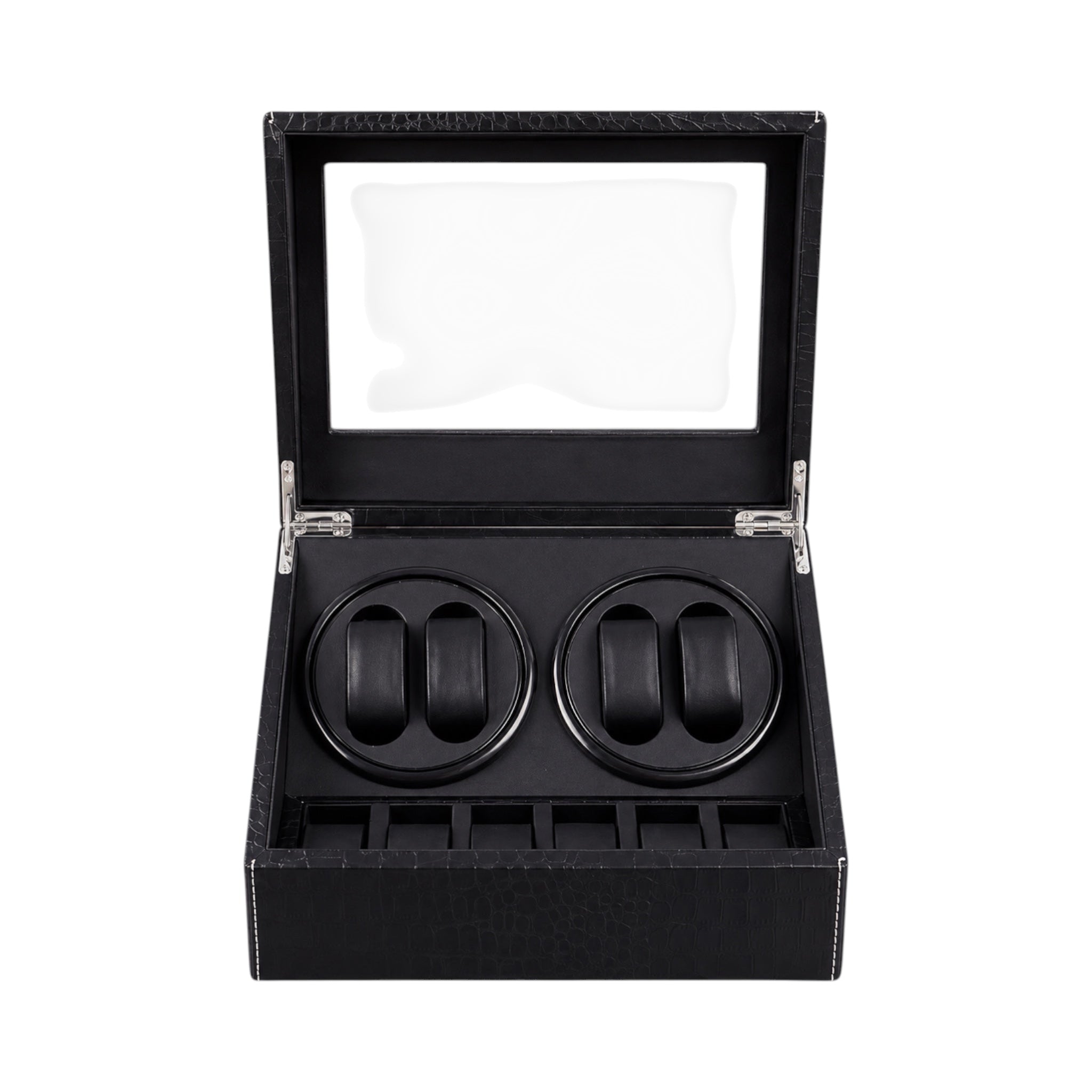 Coffret remontoir Maison Orvian Cosmos noir en simili cuir avec 4 emplacements motorisés et 6 rangements pour montres