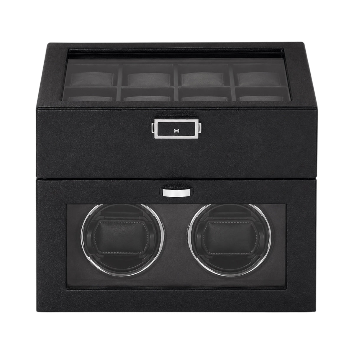 Coffret remontoir Maison Orvian noir pour 10 montres avec deux emplacements motorisés et couvercle vitré