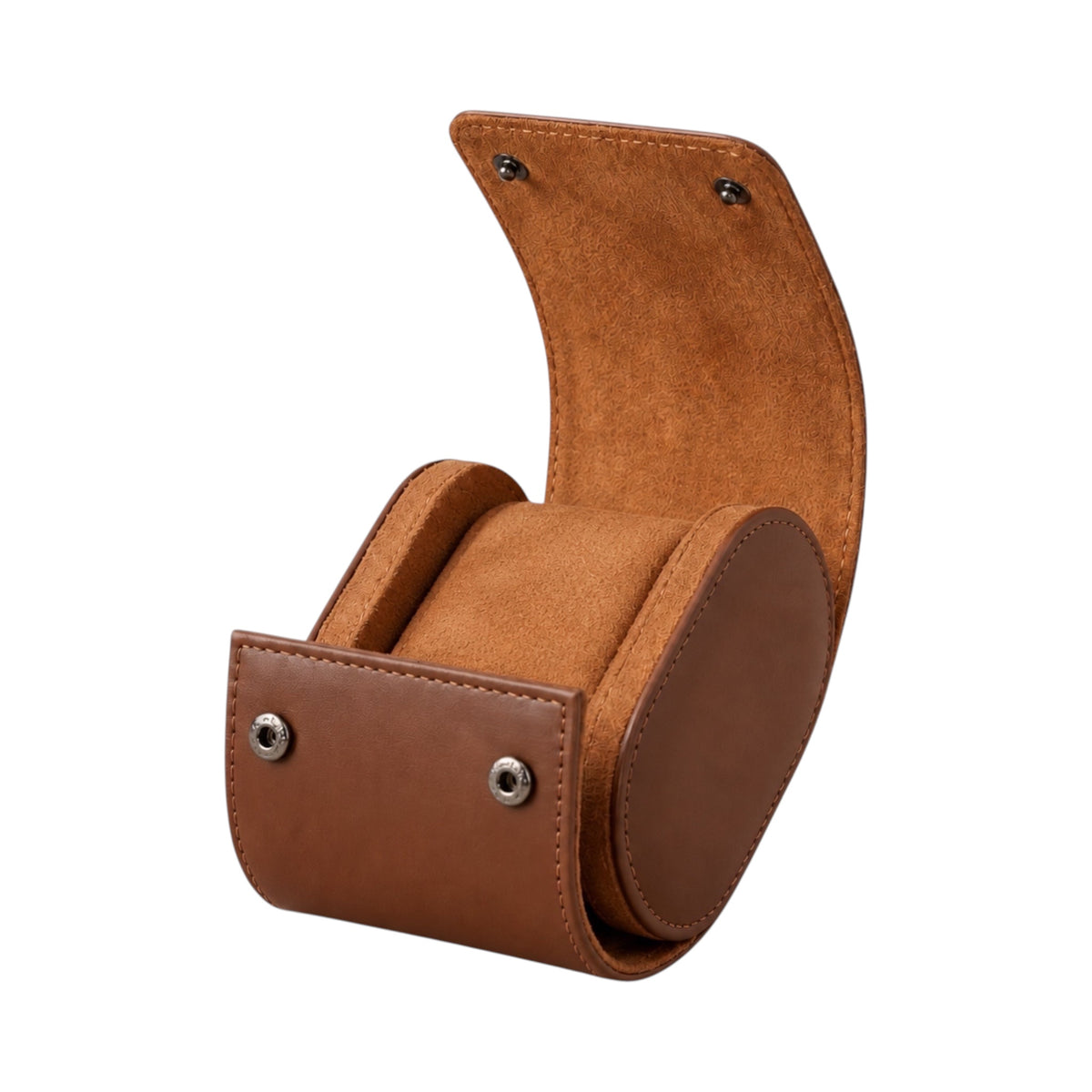 Étui de voyage Maison Orvian pour une montre, format tonneau en similicuir marron cognac avec intérieur microfibre
