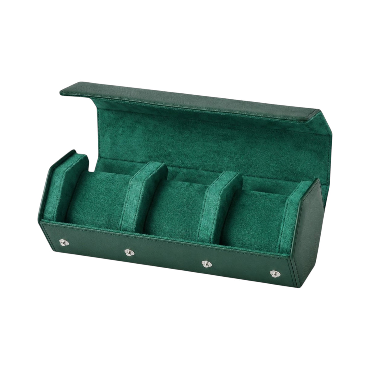 Étui de voyage Maison Orvian pour 3 montres en cuir vert avec intérieur en daim doux et coussins amovibles