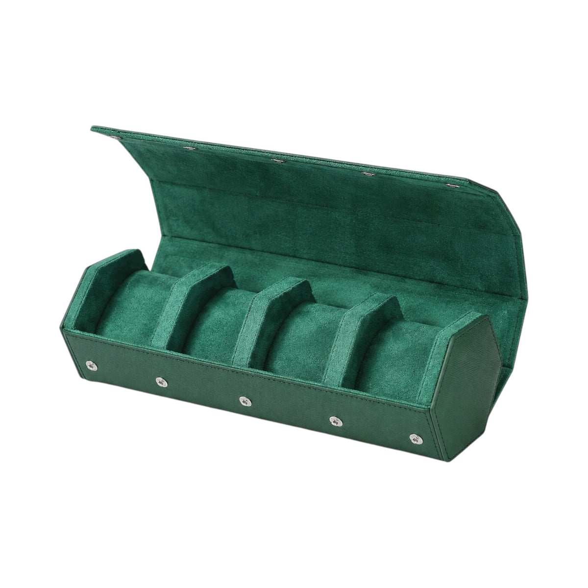 Étui de voyage Traversée en cuir vert pour quatre montres, intérieur daim et coussins amovibles — Maison Orvian