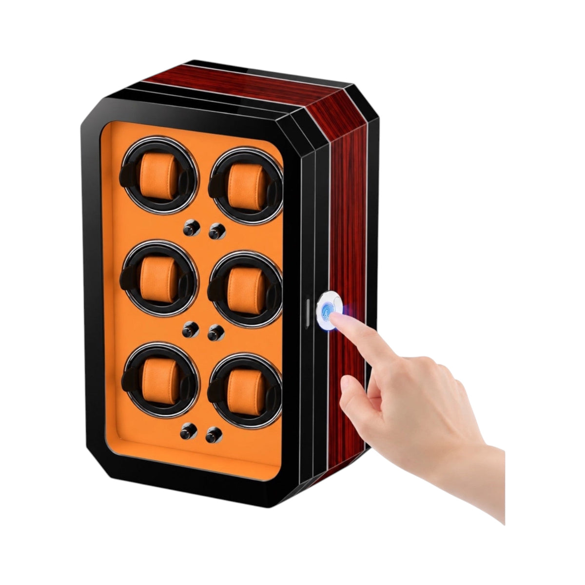 Remontoir Maison Orvian Cassiopée pour 6 montres en bois noir et intérieur orange avec lecteur d'empreinte digitale
