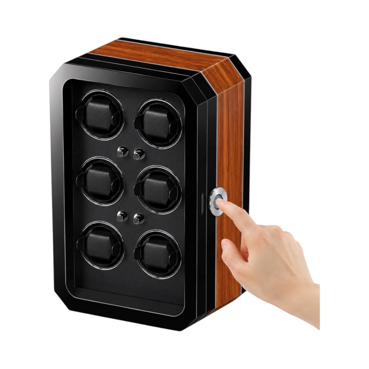 Remontoir pour 6 montres Maison Orvian en bois noir et vernis laqué avec éclairage LED et interface tactile