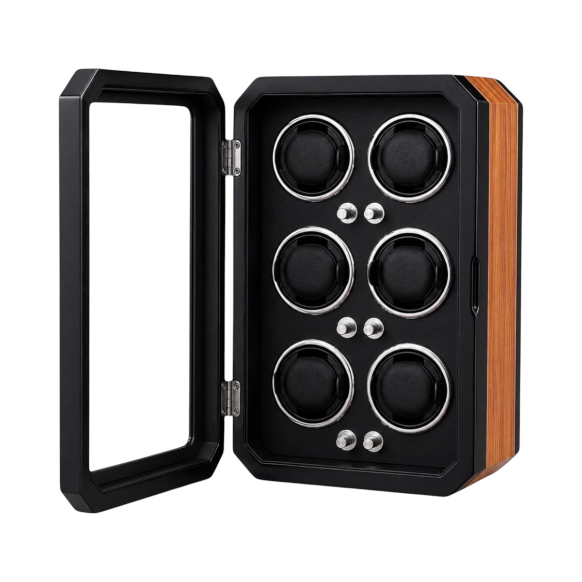 Remontoir Maison Orvian Cassiopée pour 6 montres en bois noir laqué et verre avec intérieur en fibre de carbone