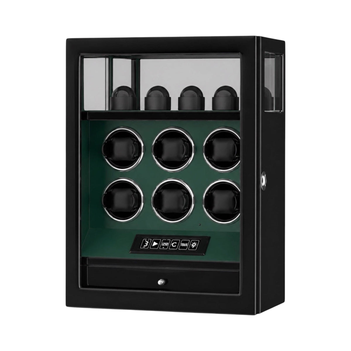 Remontoir pour 6 montres automatiques Maison Orvian en bois laqué vert avec façade en verre et écran LCD de contrôle