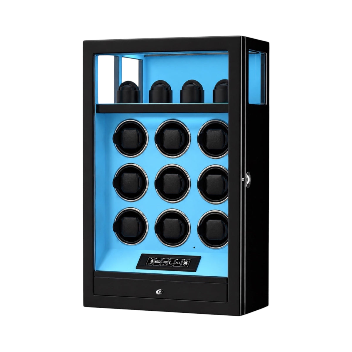 Remontoir Maison Orvian Altaïr pour 9 montres automatiques avec finition bleue, laque piano et serrure biométrique