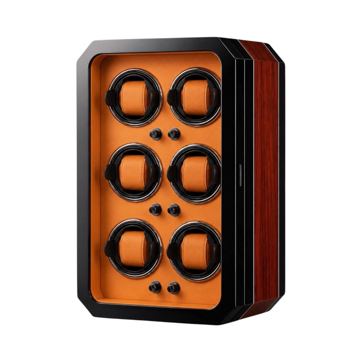 Remontoir Cassiopée 6 montres en bois laqué noir, intérieur orange — Maison Orvian