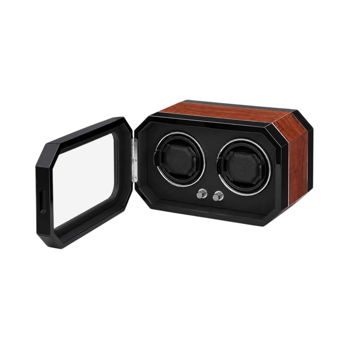 Remontoir Maison Orvian Cassiopée pour 2 montres automatiques en bois laqué noir et brun avec porte vitrée