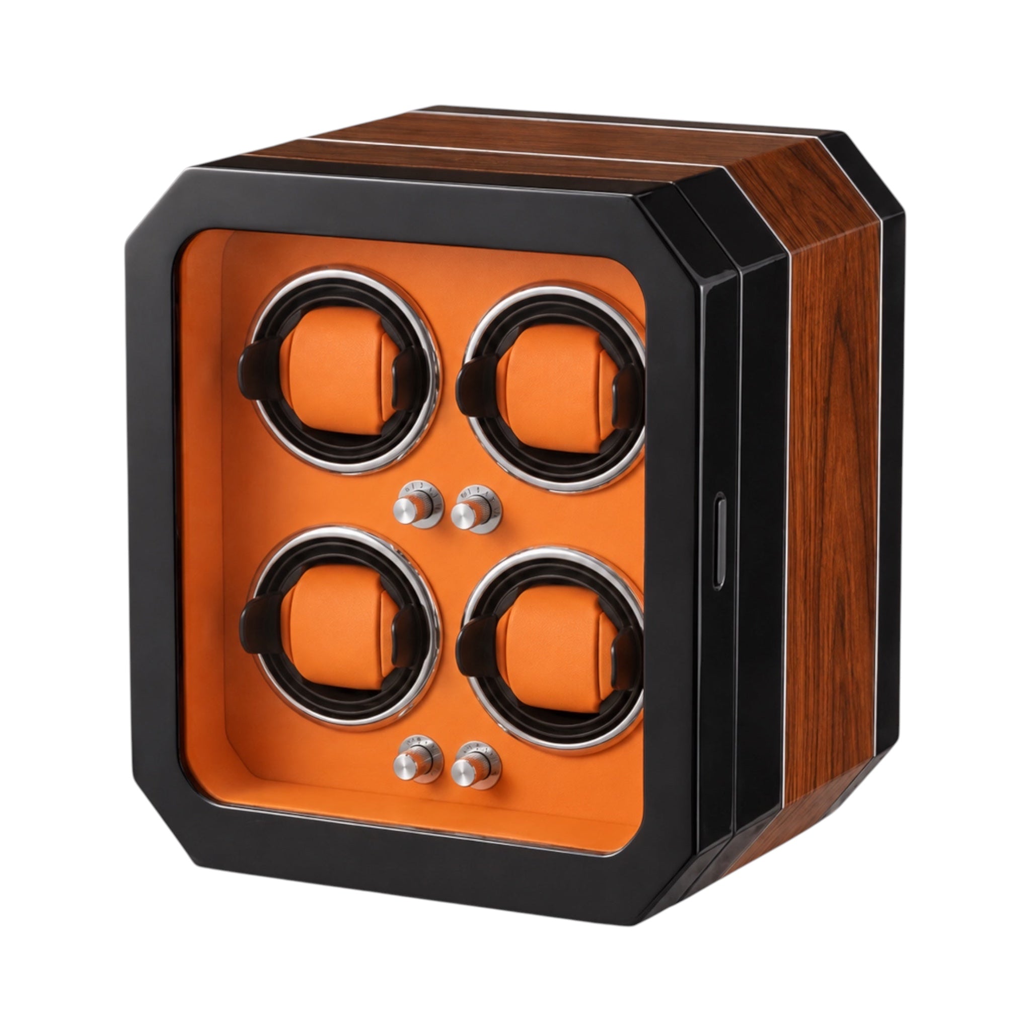 Remontoir Maison Orvian Cassiopée pour 4 montres automatiques en bois, verre et intérieur orange vif