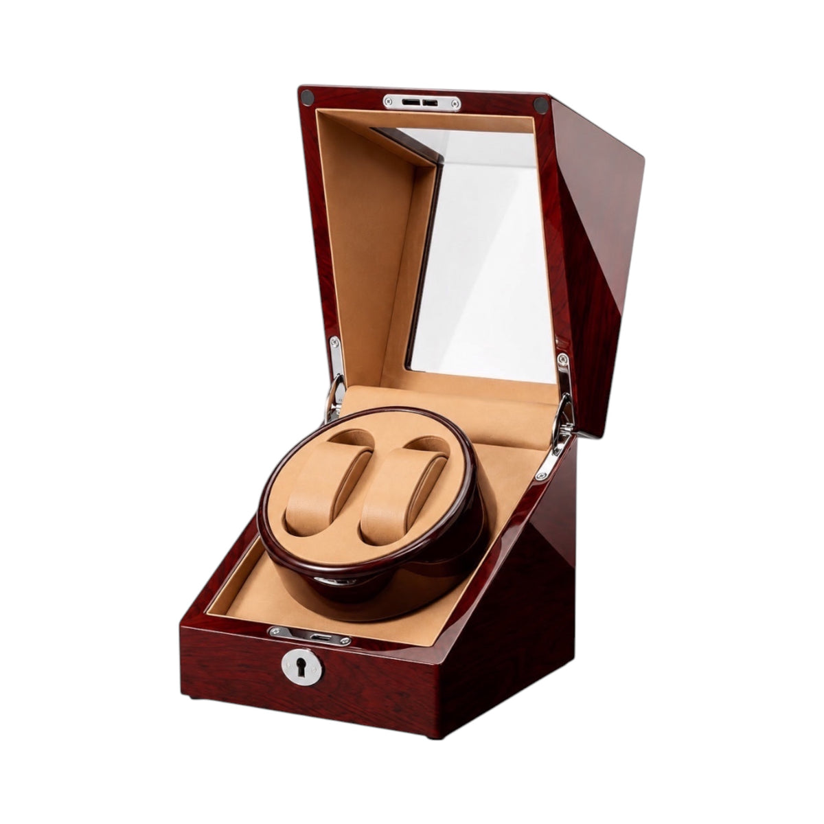 Remontoir double Maison Orvian en bois sombre verni avec intérieur beige pour deux montres automatiques