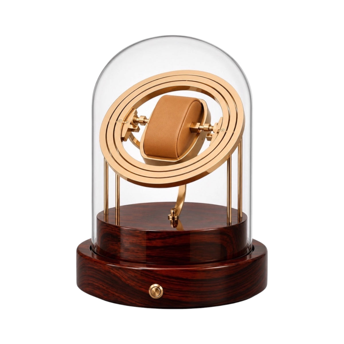 Remontoir gyroscopique Maison Orvian Pulsar en bois noble et métal doré sous cloche en verre pour montre automatique