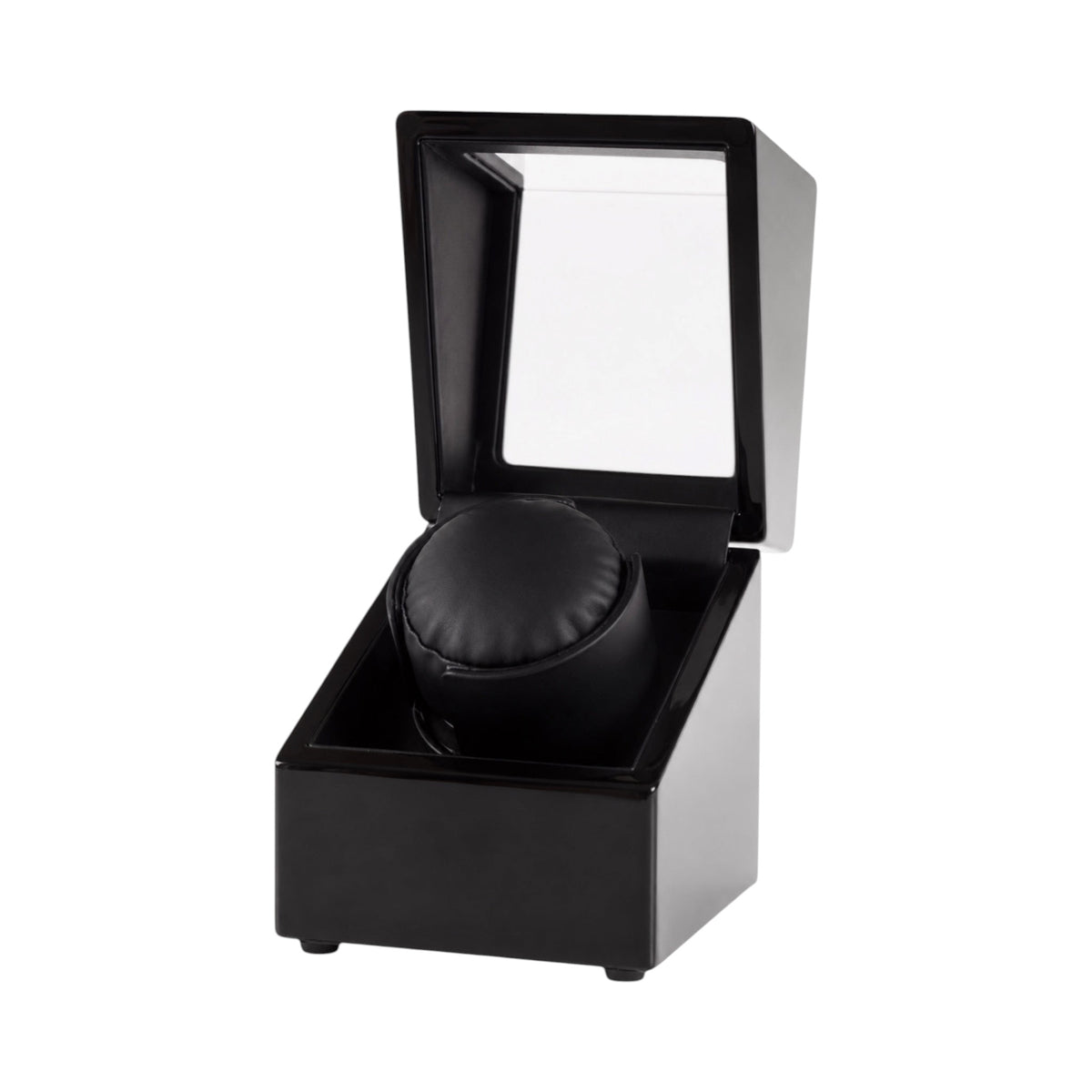 Remontoir pour montre automatique Maison Orvian en bois noir avec couvercle en verre et intérieur en flanelle noire