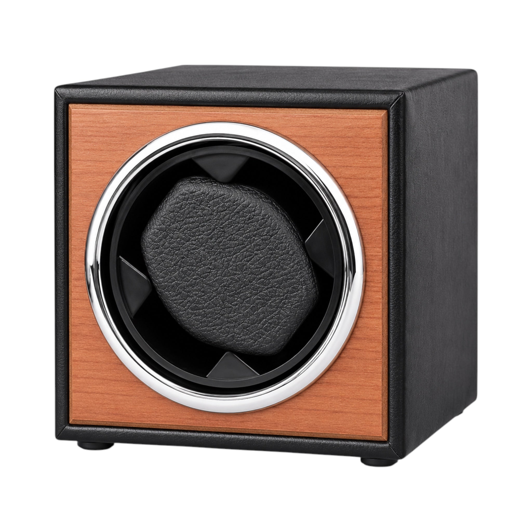 Remontoir pour montre automatique Maison Orvian Genèse en bois de chêne naturel et habillage noir, format cube compact.