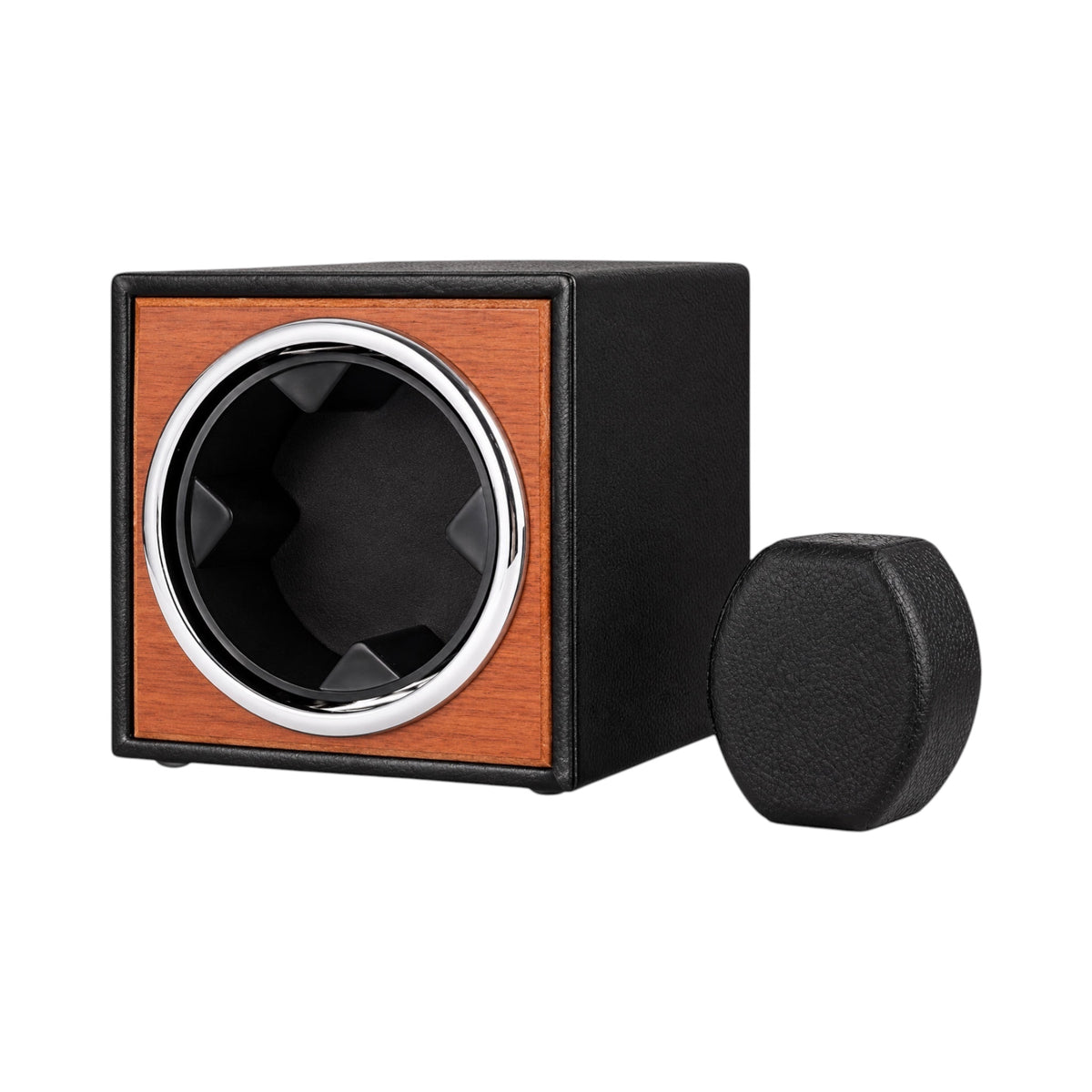 Remontoir pour montre automatique Maison Orvian en bois de chêne naturel et cuir noir, format cube compact.