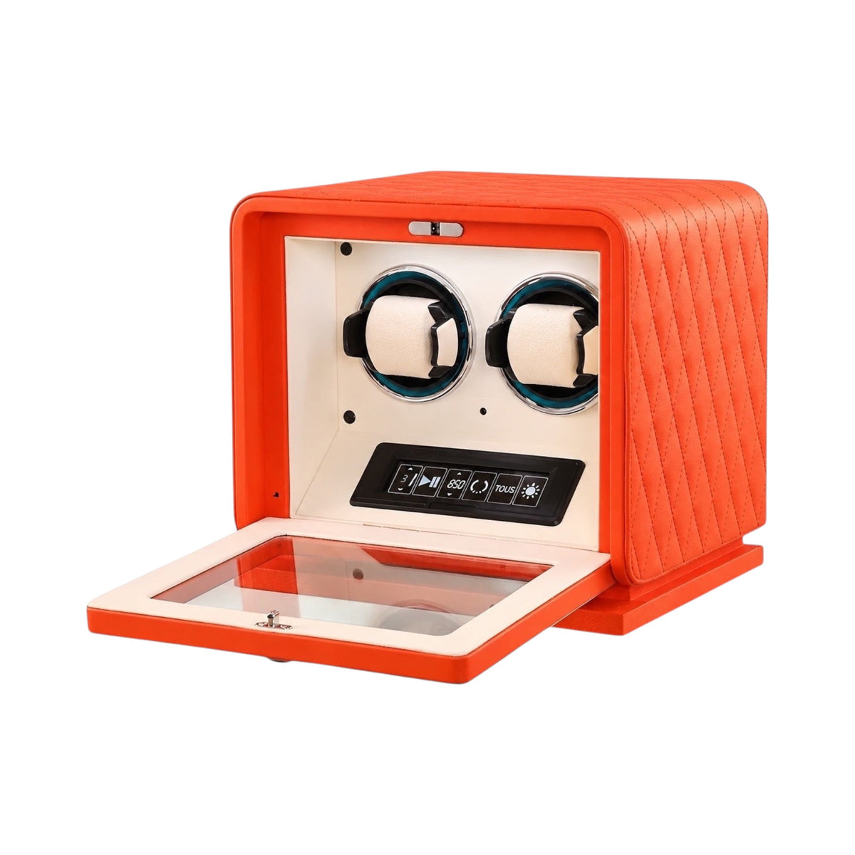 Remontoir Pégase Maison Orvian pour 2 montres automatiques en cuir orange matelassé avec écran tactile et verre trempé
