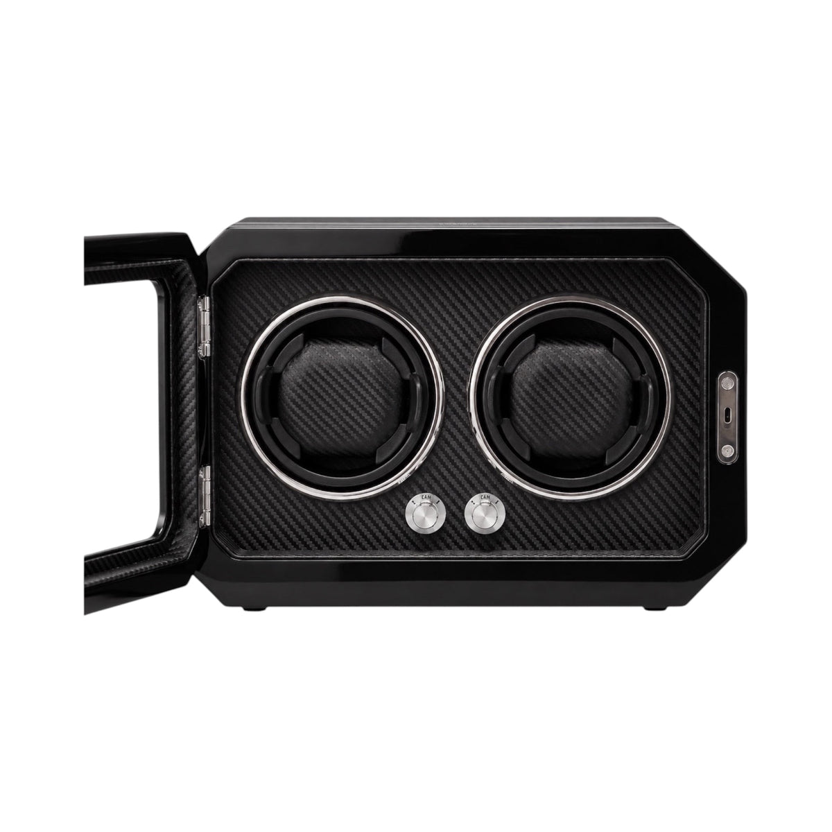 Remontoir pour 2 montres automatiques Maison Orvian en bois noir laqué avec intérieur en fibre de carbone