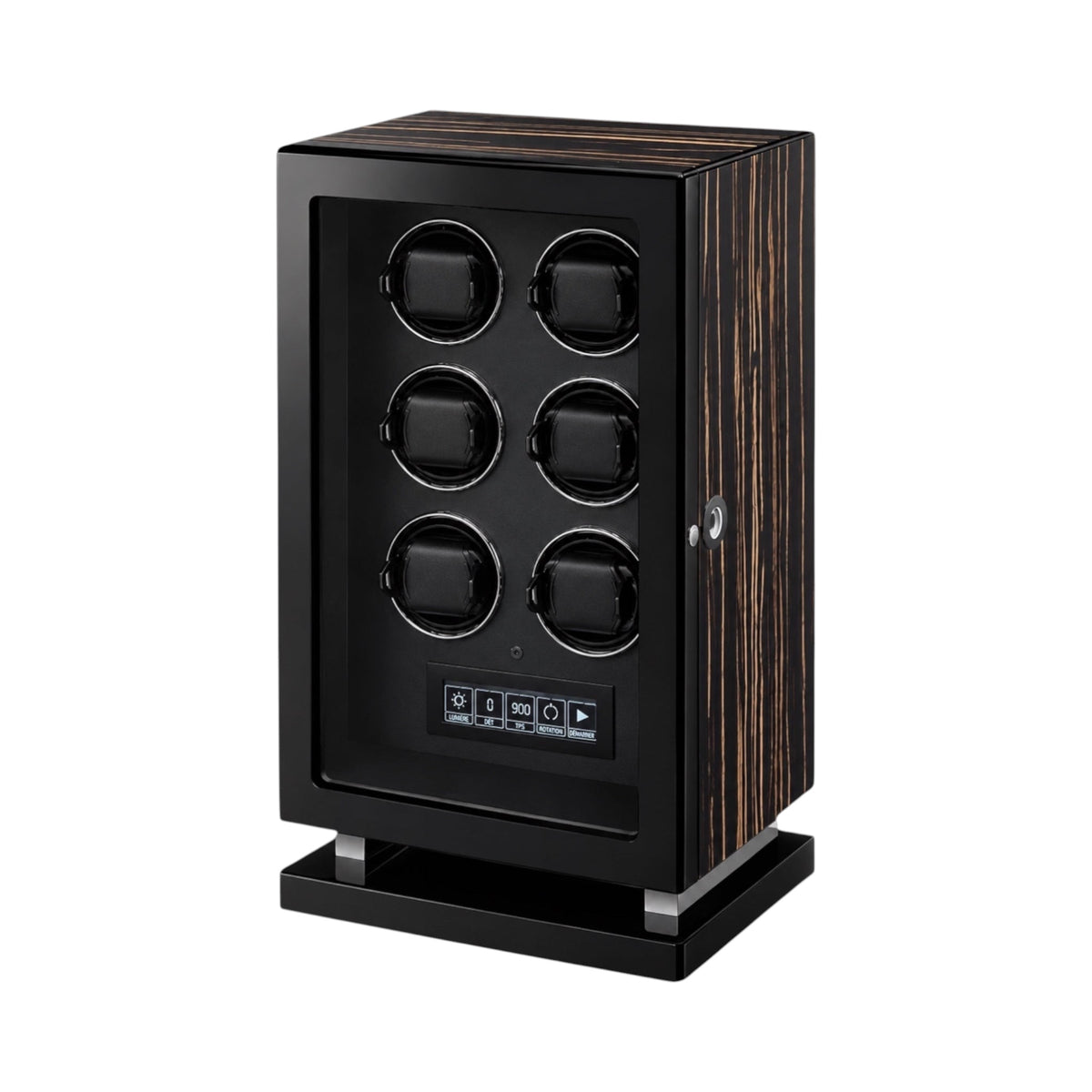 Remontoir pour 6 montres automatiques Maison Orvian en bois noir avec façade vitrée et écran de contrôle tactile