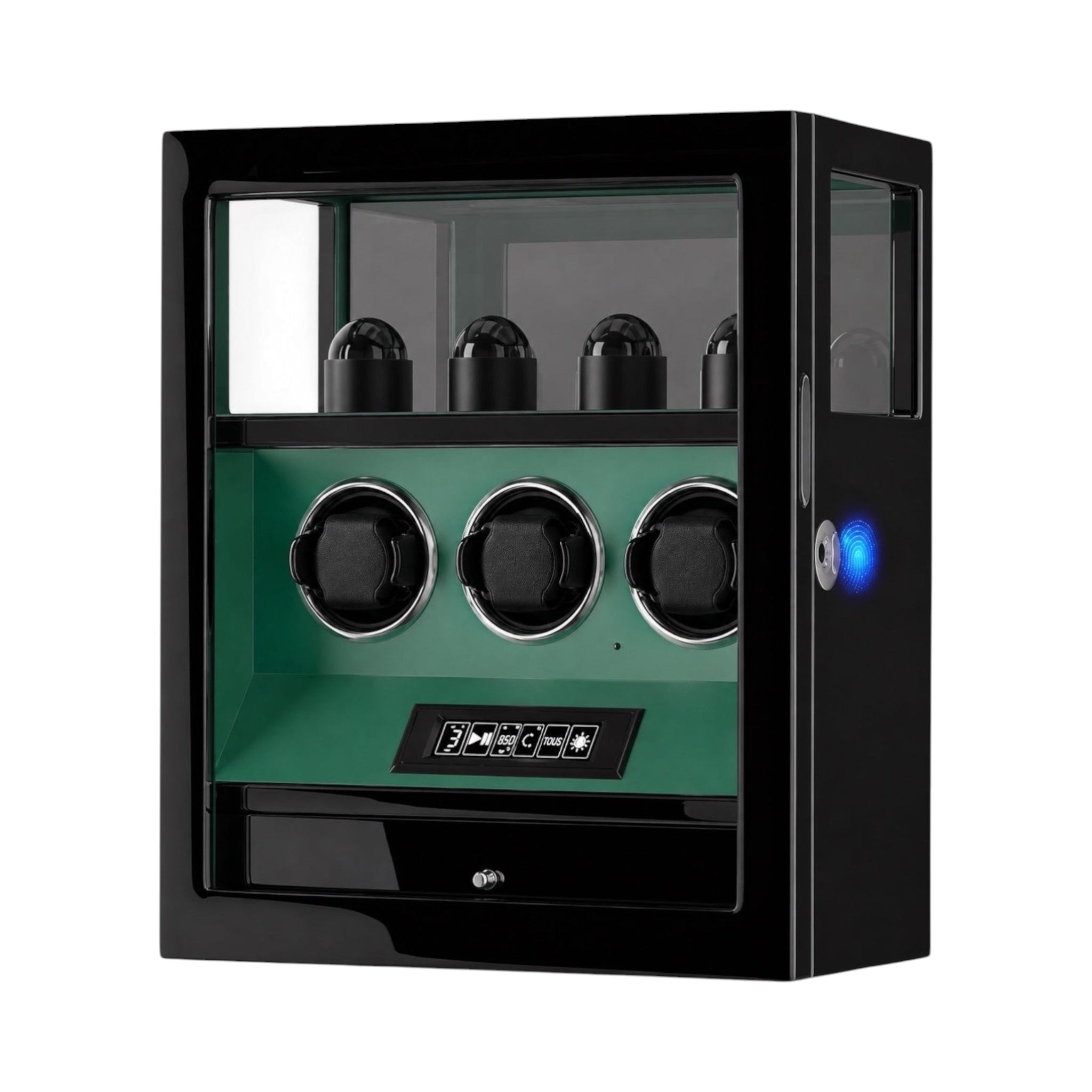 Remontoir pour 3 montres Maison Orvian vert avec finition laque piano, écran LCD et serrure biométrique