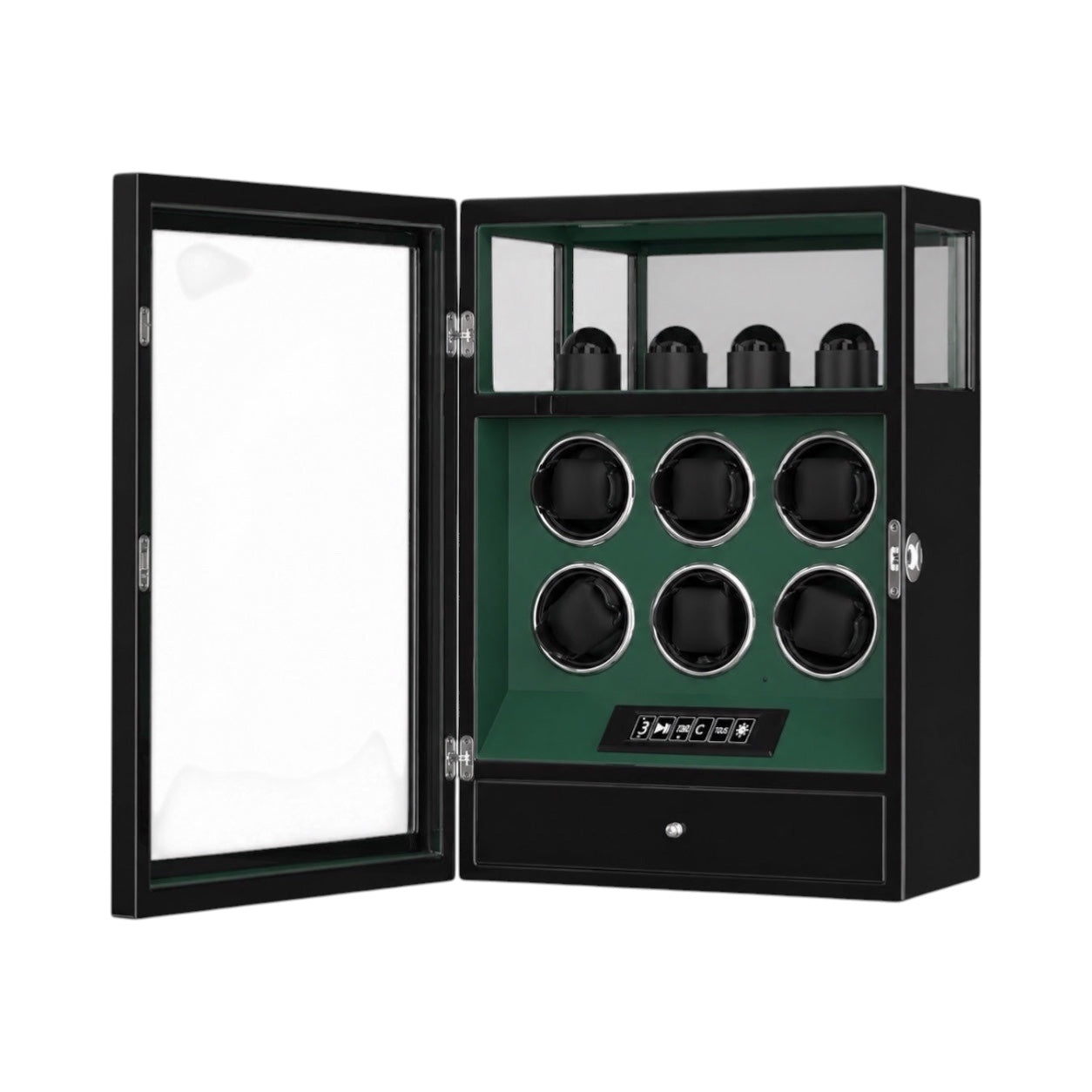 Remontoir pour 6 montres automatiques Maison Orvian en bois vert laqué avec porte vitrée et serrure biométrique