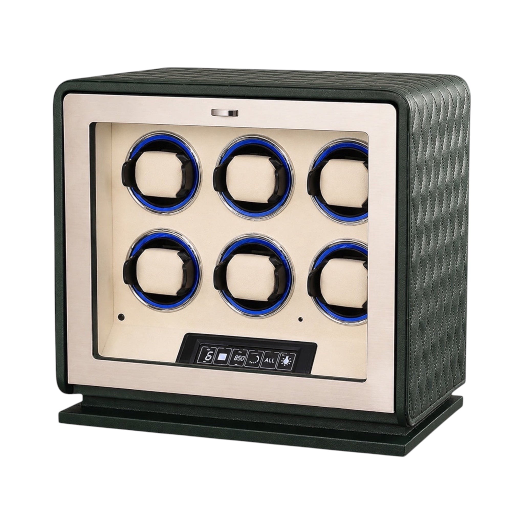 Remontoir Pégase 6 montres Maison Orvian en cuir vert avec vitrine en verre trempé et éclairage LED bleu