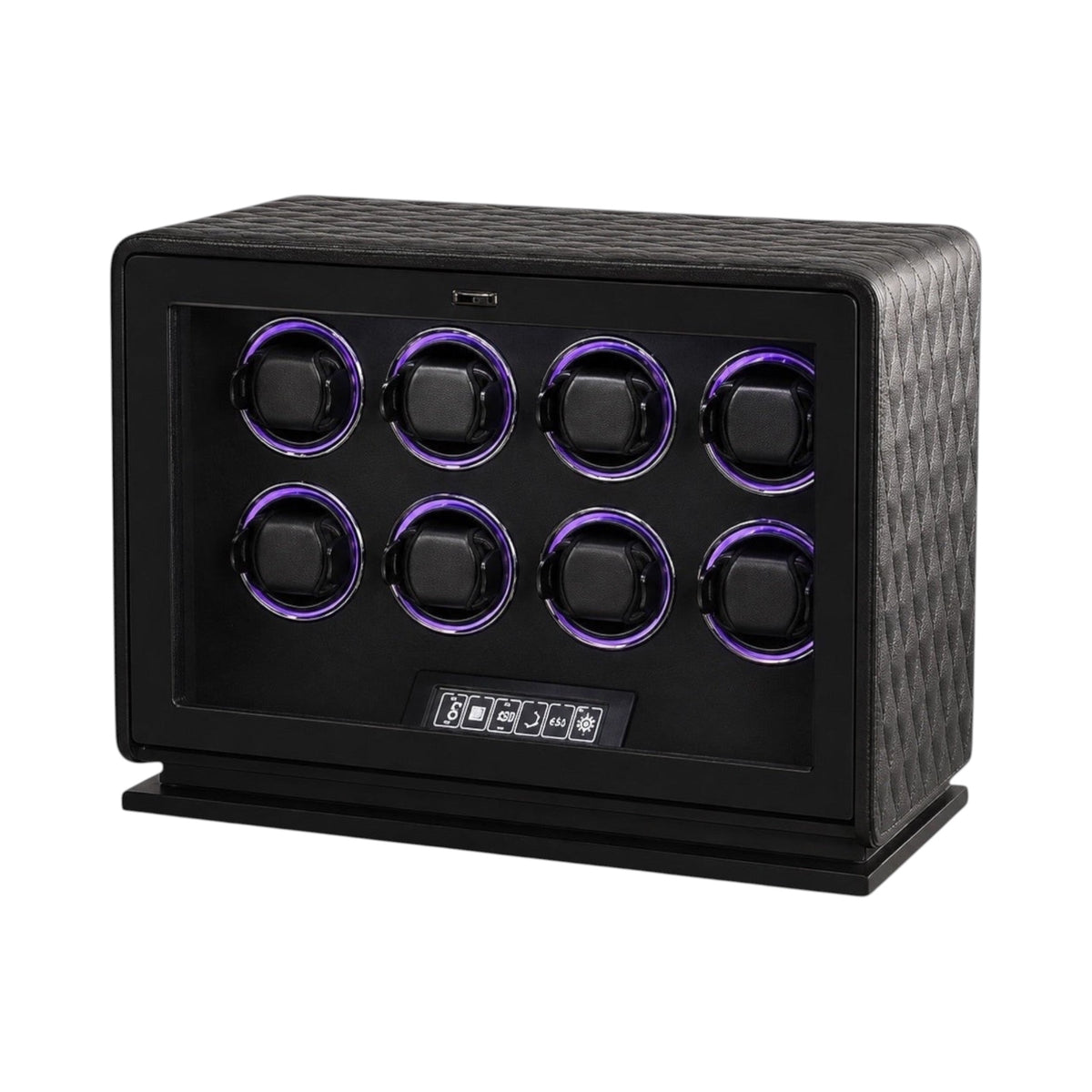Remontoir Pégase Maison Orvian pour 8 montres automatiques en cuir noir avec éclairage LED violet et écran tactile