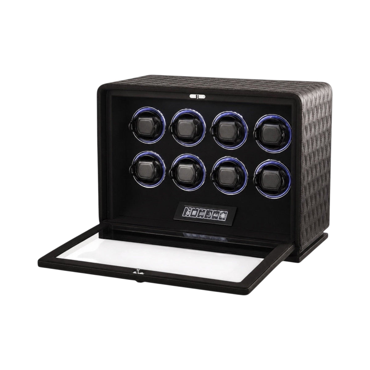 Remontoir Maison Orvian Pégase pour 8 montres automatiques en cuir noir avec vitrine en verre et éclairage LED