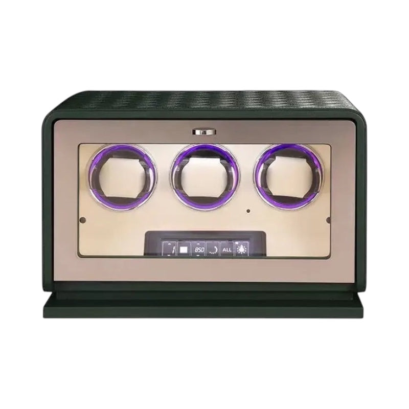 Remontoir Pégase Maison Orvian pour 3 montres en cuir vert avec vitrine en verre trempé et éclairage LED réglable