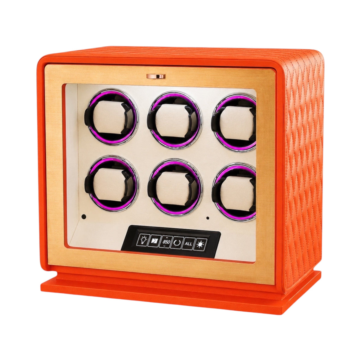 Remontoir Maison Orvian Pégase orange pour 6 montres avec finition en cuir matelassé et écran tactile intégré.