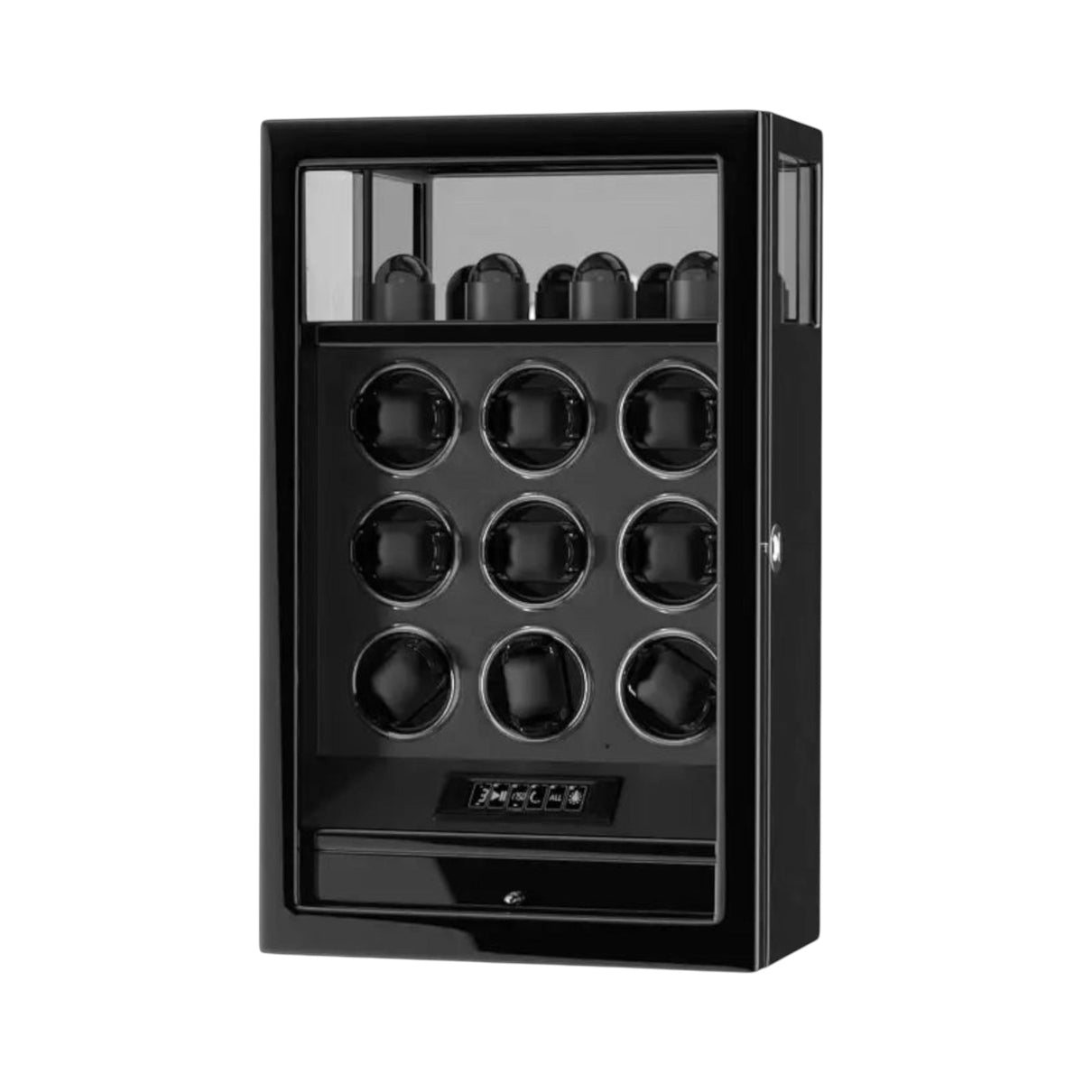Remontoir Maison Orvian Rigel noir pour 9 montres automatiques avec finition laque piano et porte vitrée