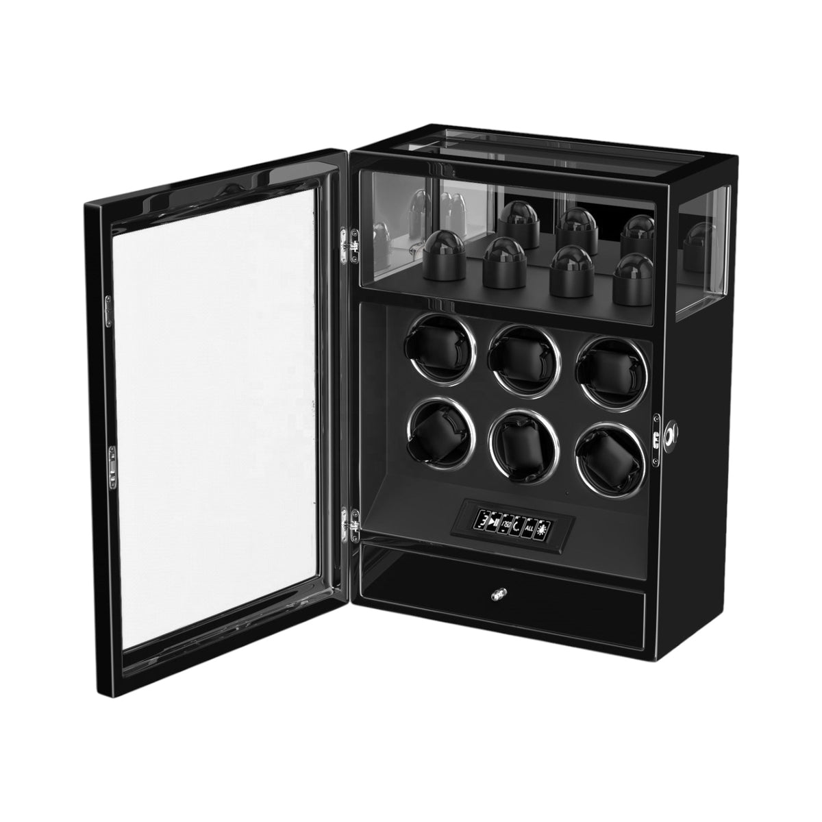Remontoir Maison Orvian Rigel noir pour 6 montres automatiques avec finition laque piano et serrure biométrique