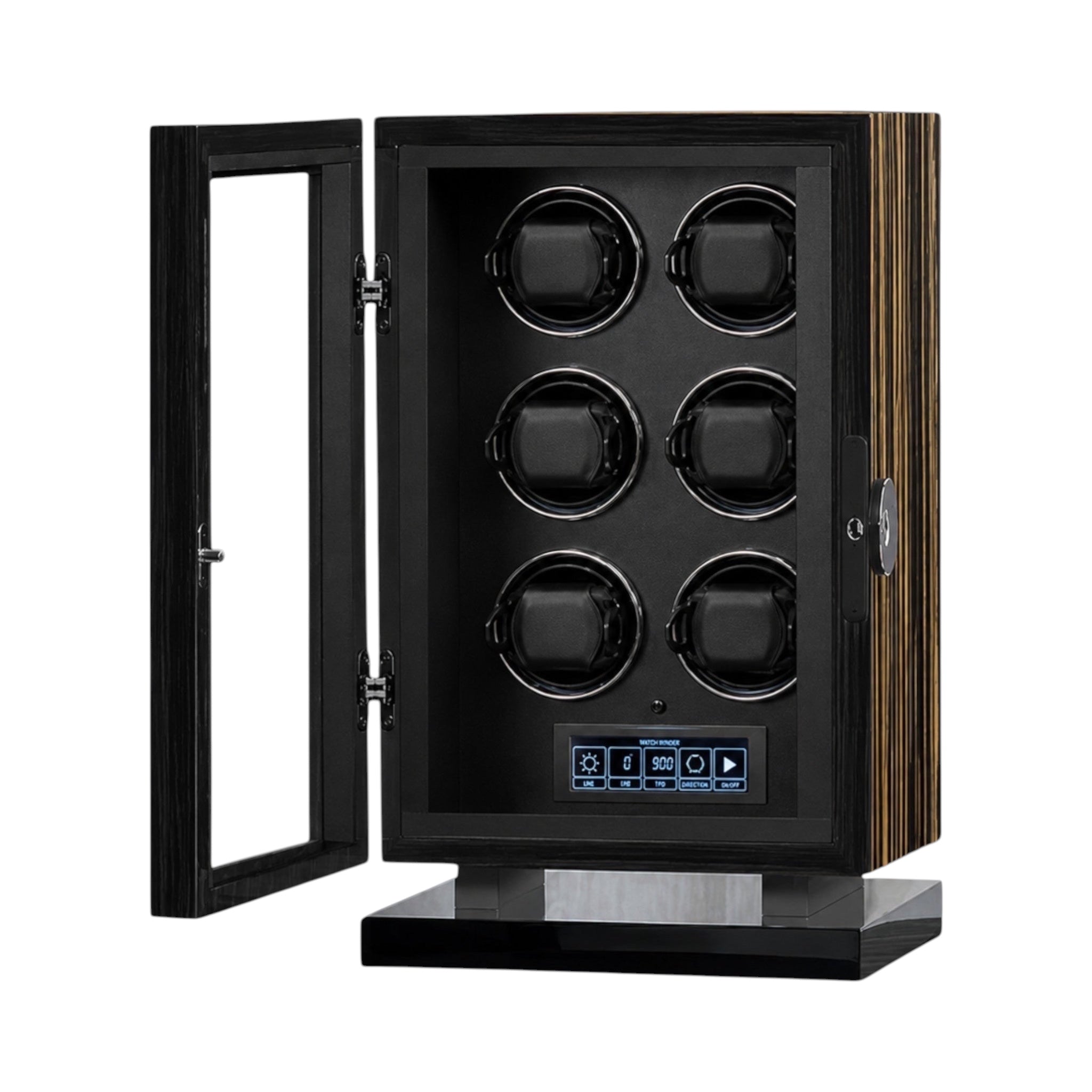 Remontoir Maison Orvian Sirius pour 6 montres automatiques en bois noir avec porte vitrée et écran LCD tactile
