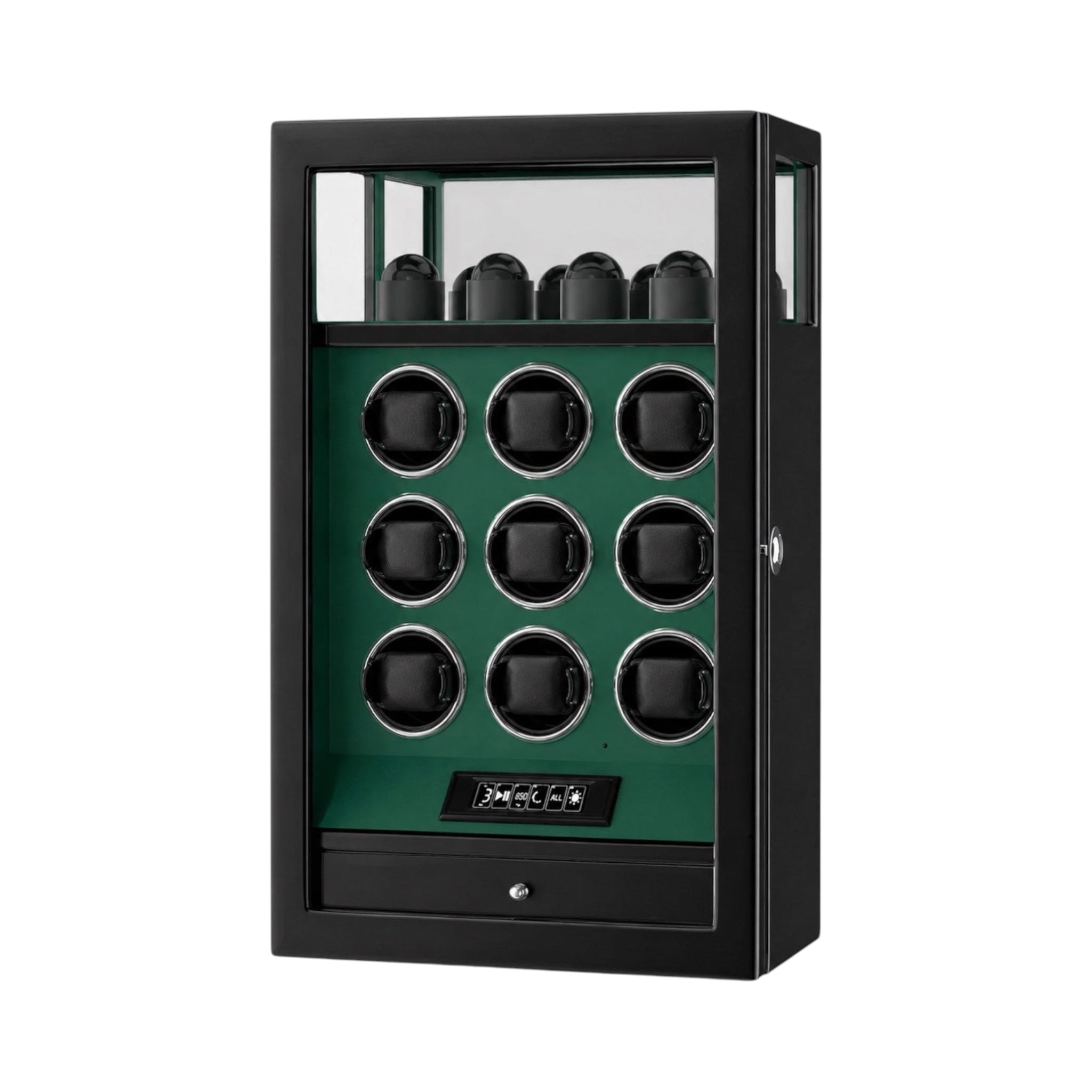 Remontoir Maison Orvian Véga pour 9 montres automatiques en bois vert avec finition laque piano et serrure biométrique