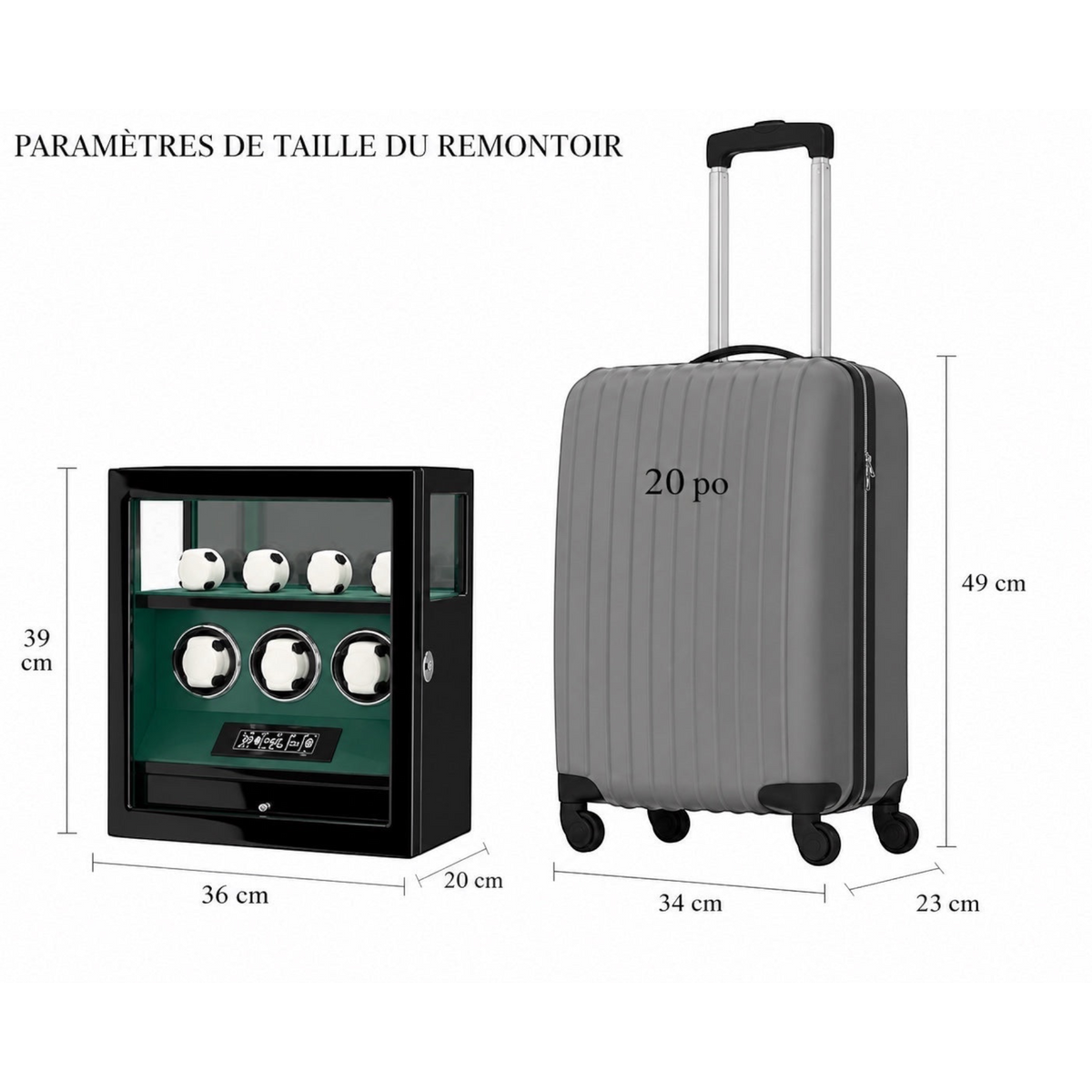 Remontoir Maison Orvian Véga vert pour 3 montres avec écran LCD, comparé en taille à une valise cabine de 20 pouces.