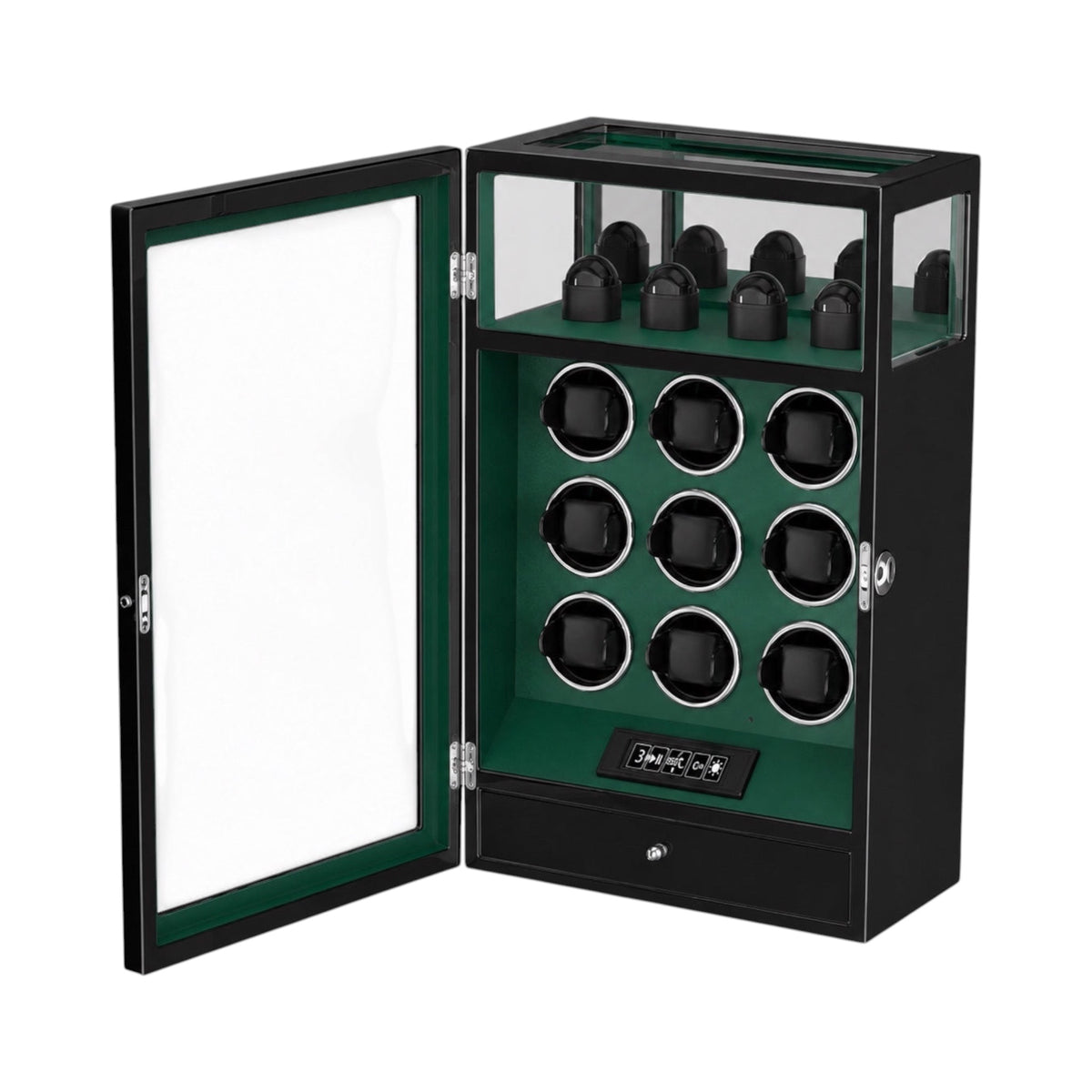Remontoir Maison Orvian Véga pour 9 montres automatiques en bois laqué vert avec porte vitrée et serrure biométrique