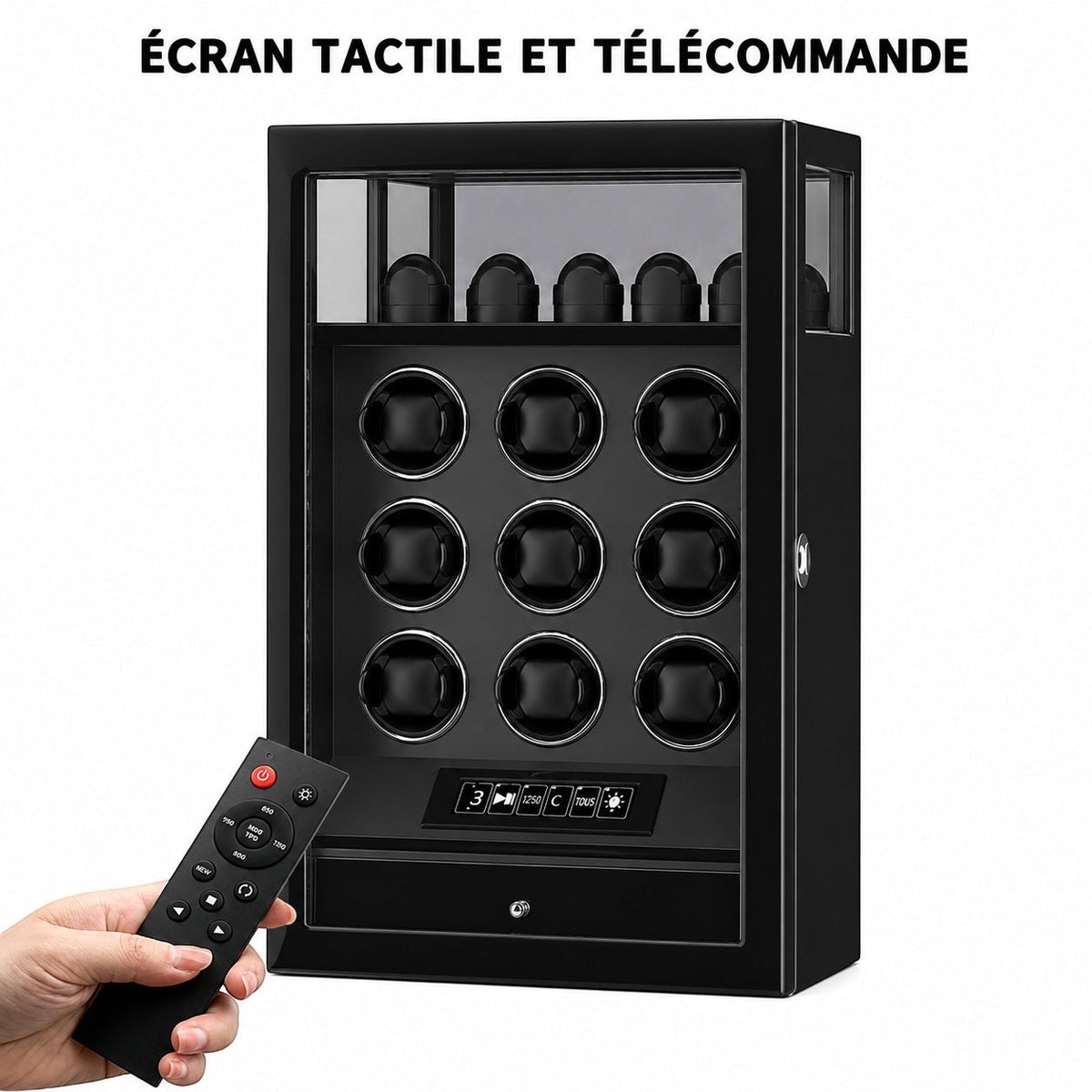 Remontoir Rigel noir, porte vitrée, écran tactile et télécommande — Maison Orvian
