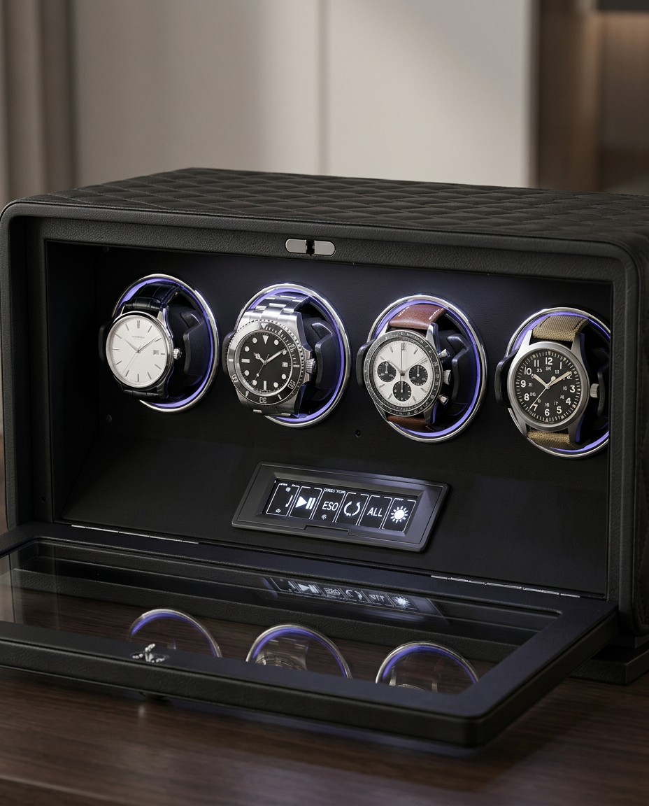Rotors et anneaux LED du remontoir Pégase 4 montres