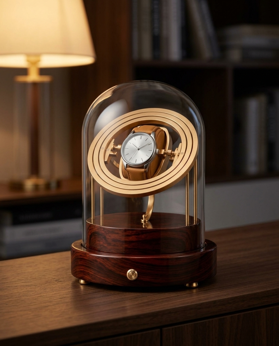 Remontoir gyroscopique Pulsar en bois sur une console