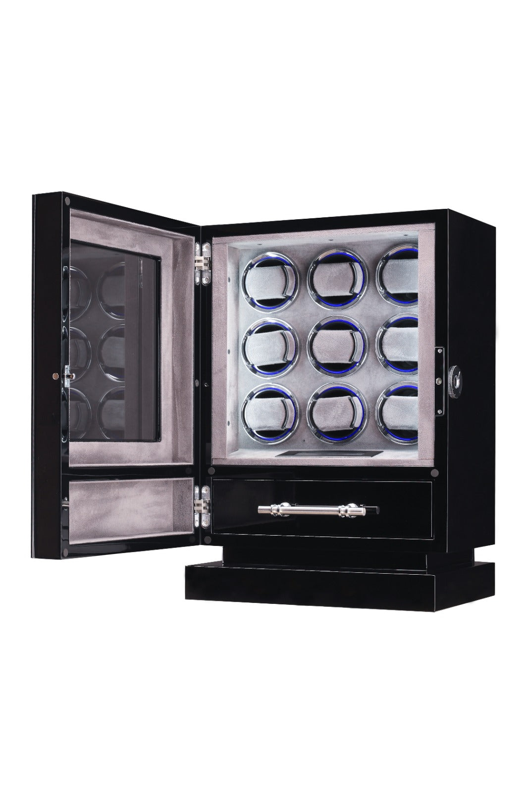 Remontoir Éclipse 9 montres noir et gris, porte ouverte, tiroir sorti