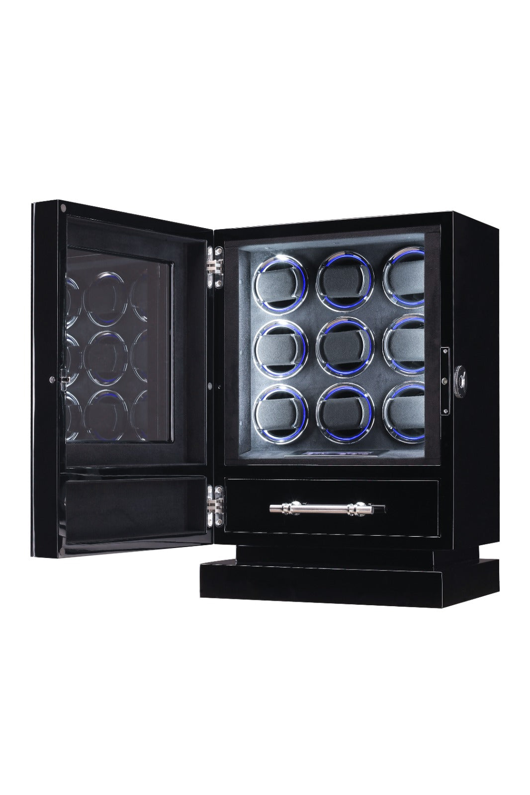 Remontoir Éclipse 9 montres noir, porte ouverte, tiroir sorti