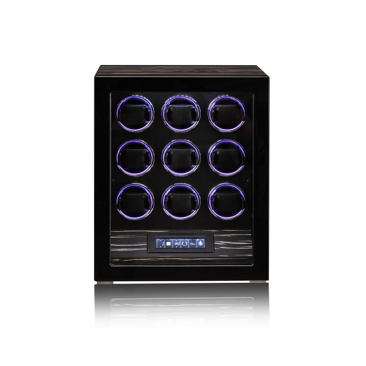 Remontoir Lyra 9 montres ébène laqué à empreinte digitale – Maison Orvian