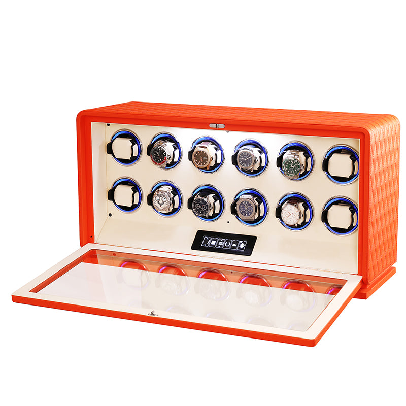 Remontoir Pégase 12 montres orange en cuir matelassé – Maison Orvian