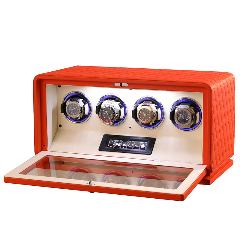 Remontoir Pégase 4 montres orange en cuir matelassé – Maison Orvian
