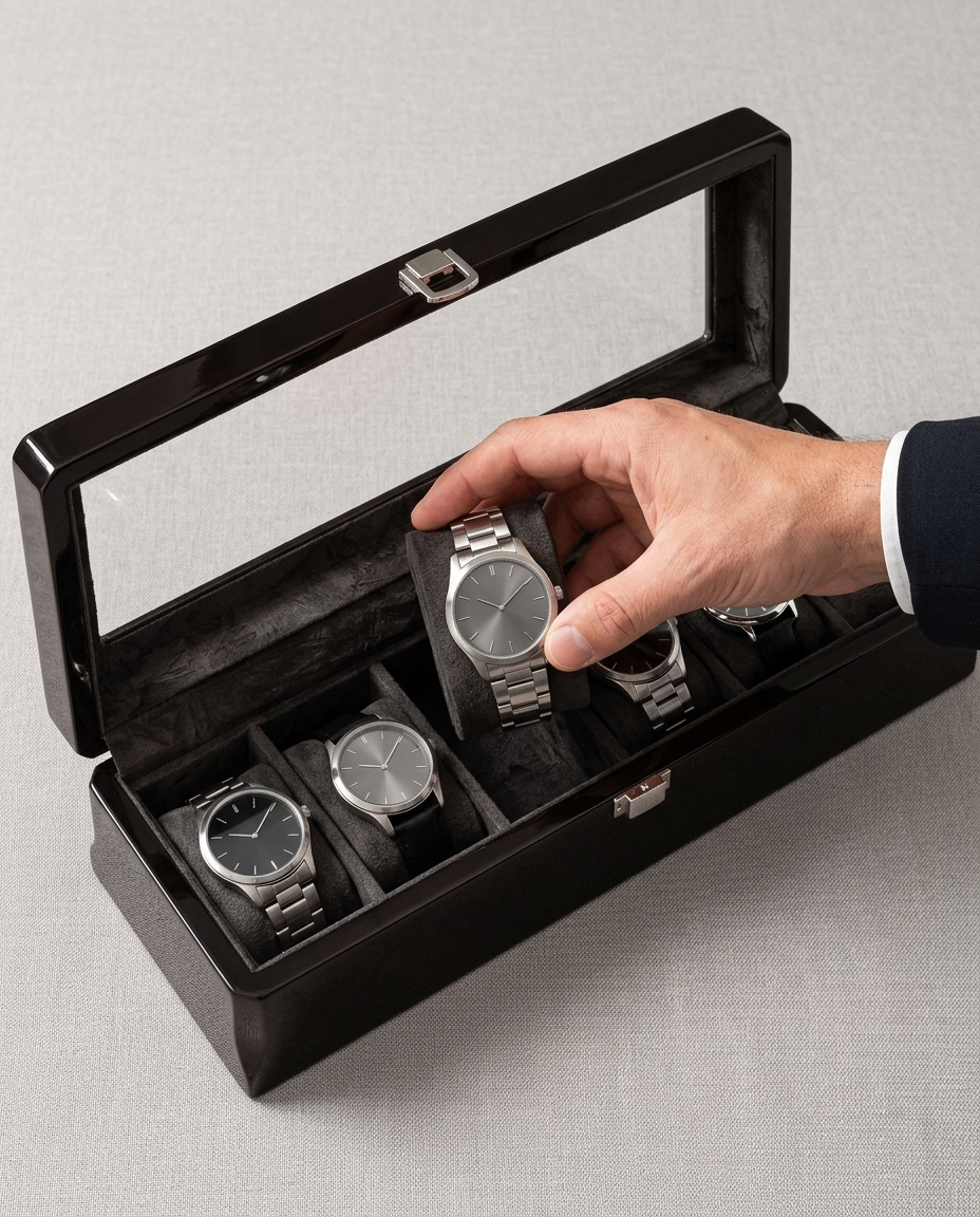 Main qui prend une montre dans la boîte Richelieu 6