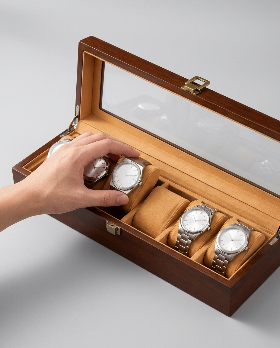 Main qui choisit une montre dans la boîte Rivoli 6