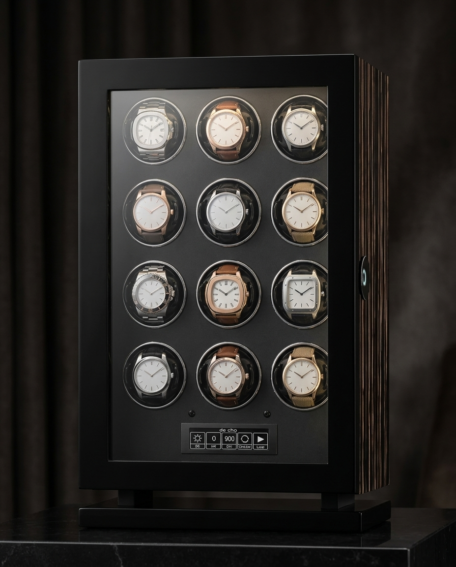 Douze montres exposées dans le remontoir Sirius